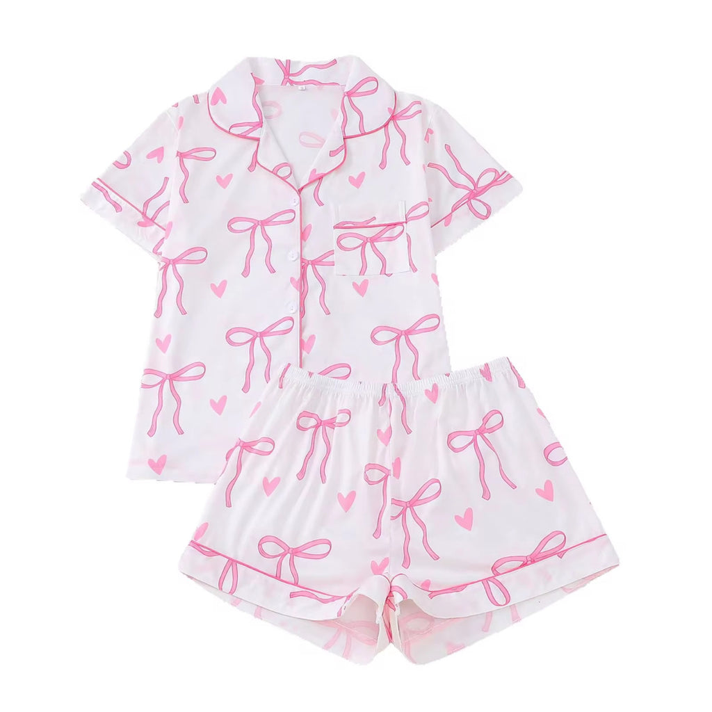 Luxefaja Women’s Pajama  Set- Bow & Heart Print (2- Piece Sleepwear)