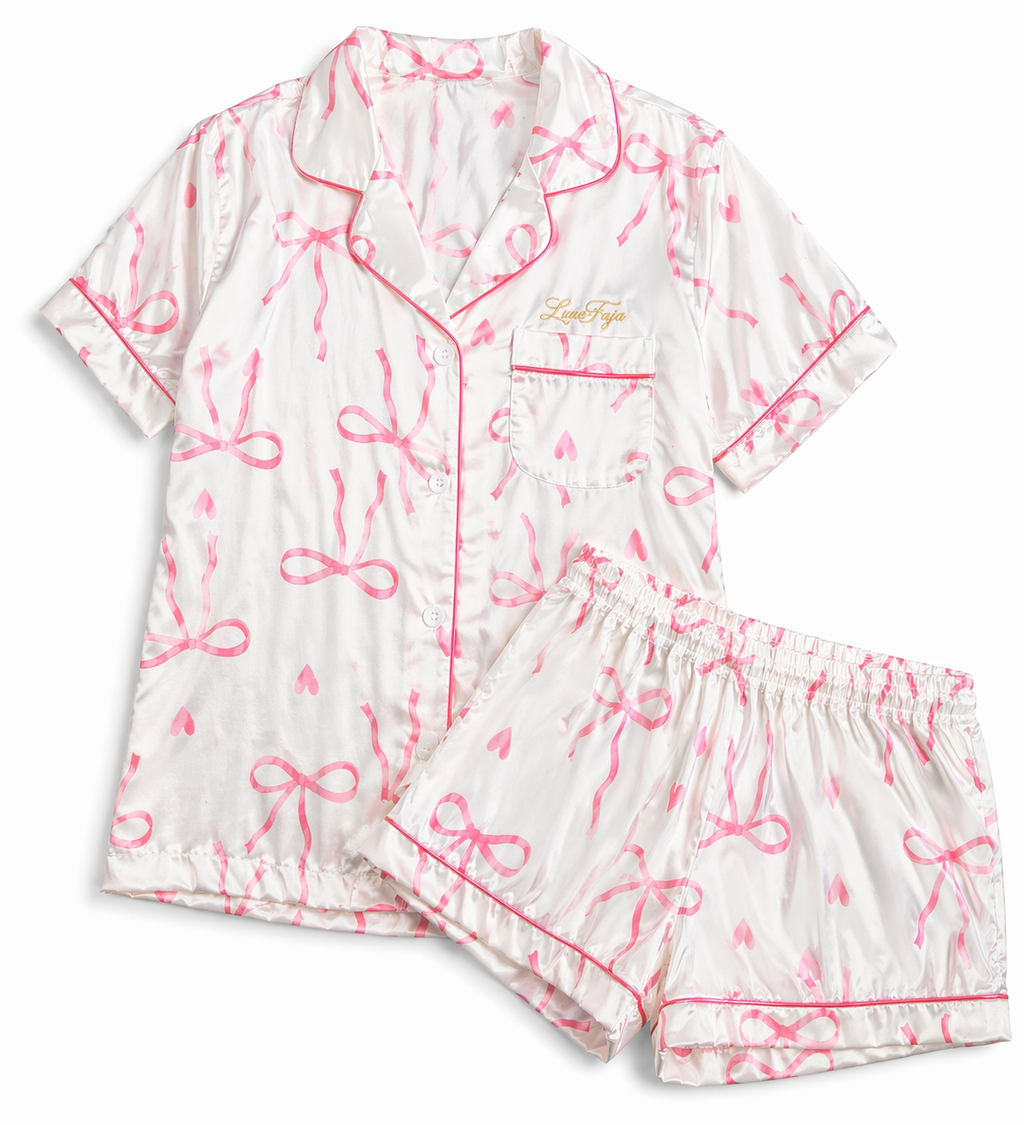 Luxefaja Women’s Pajama  Set- Bow & Heart Print (2- Piece Sleepwear)